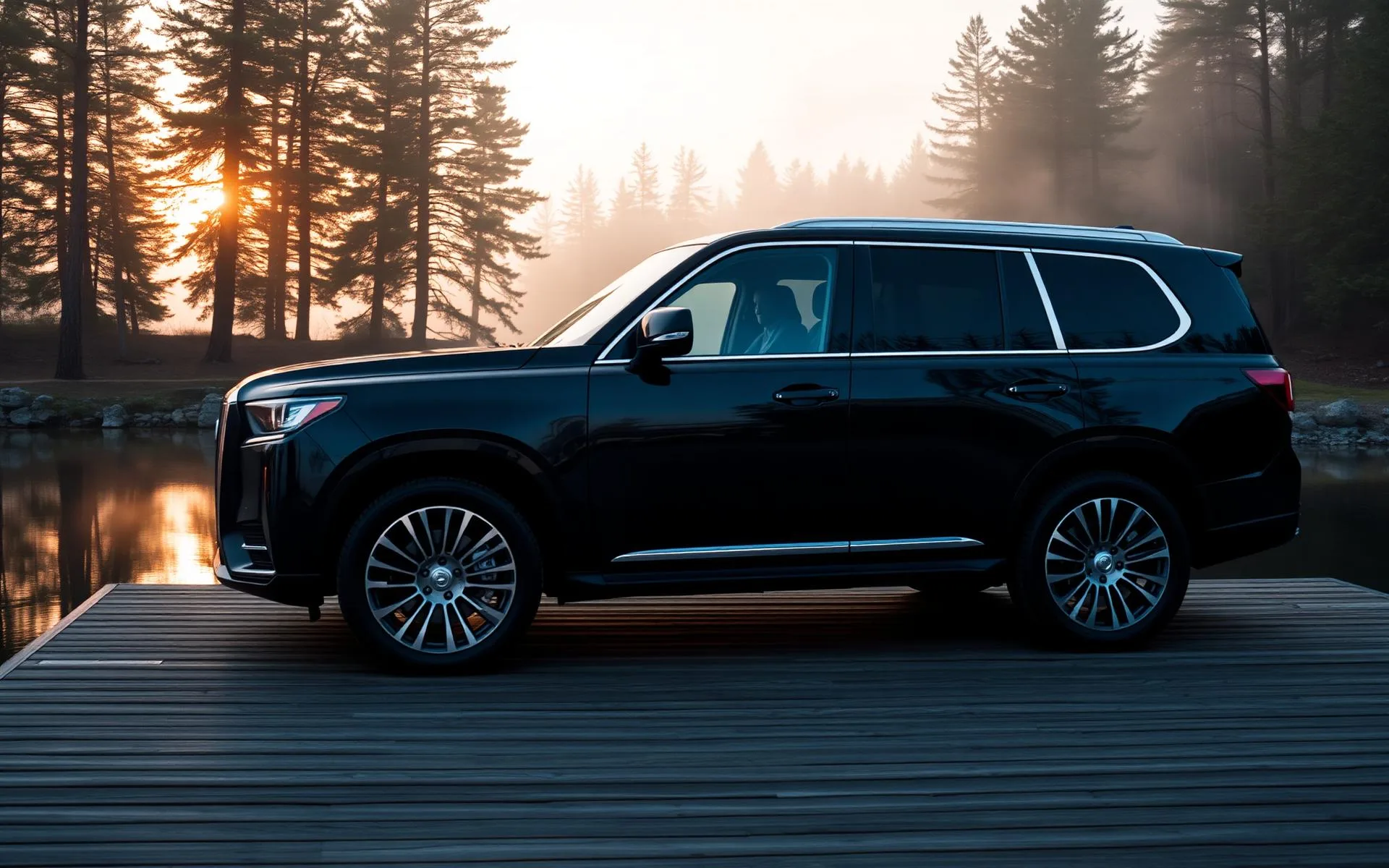 Luxury black SUV on a Muskoka dock at sunrise